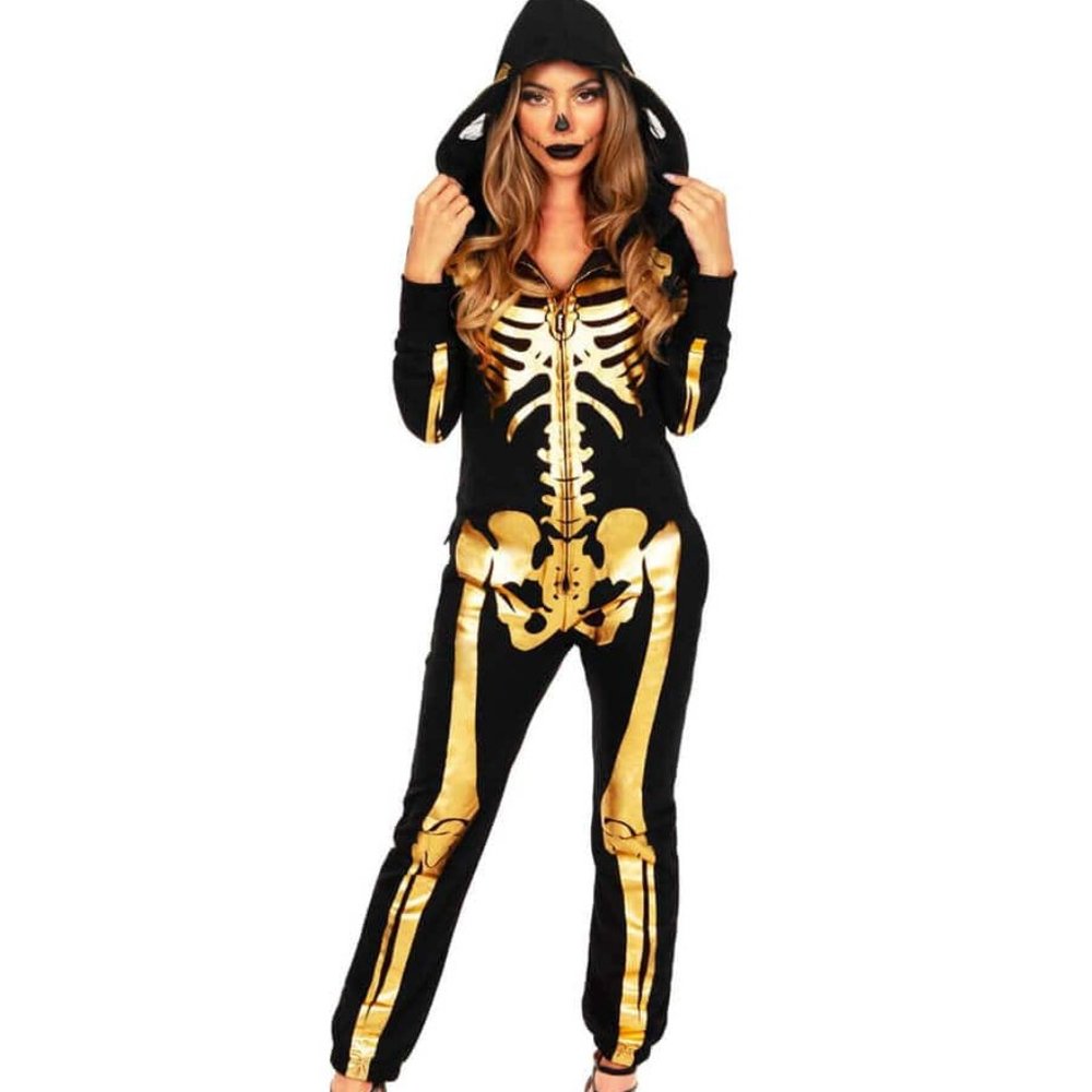 NWT "Tipsy Elves" Gold Metallic Skeleton Hooded Zip Bodysuit Onesie HALLOWEEN